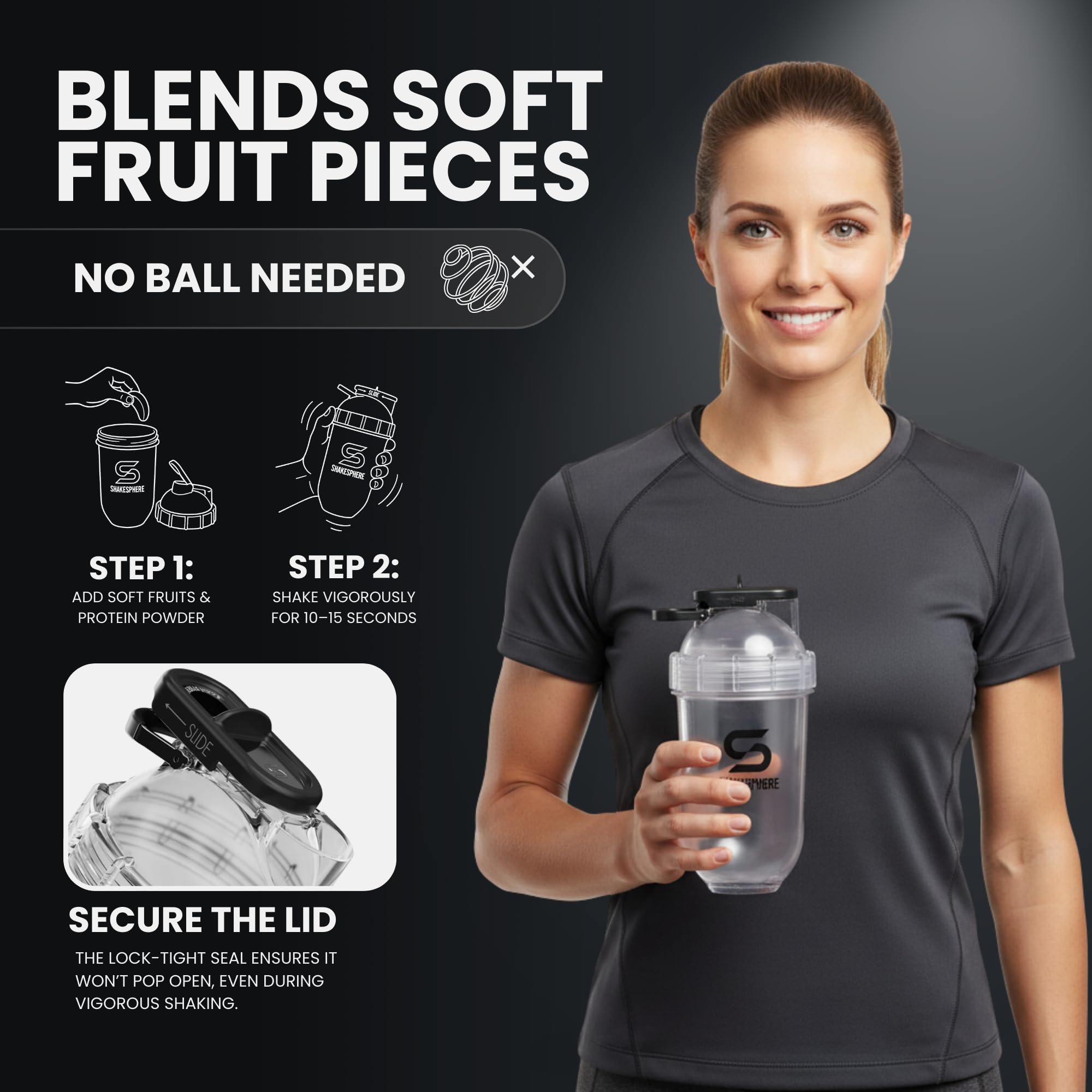 SHAKESPHERE Gobelet shaker de protéines en Tritan et tasse à smoothie, 710 ml, mélangeur sans pale, purées de fruits crus sans boule mélangeuse, mélangeur à poudre pour salle de sport pré-entraînement