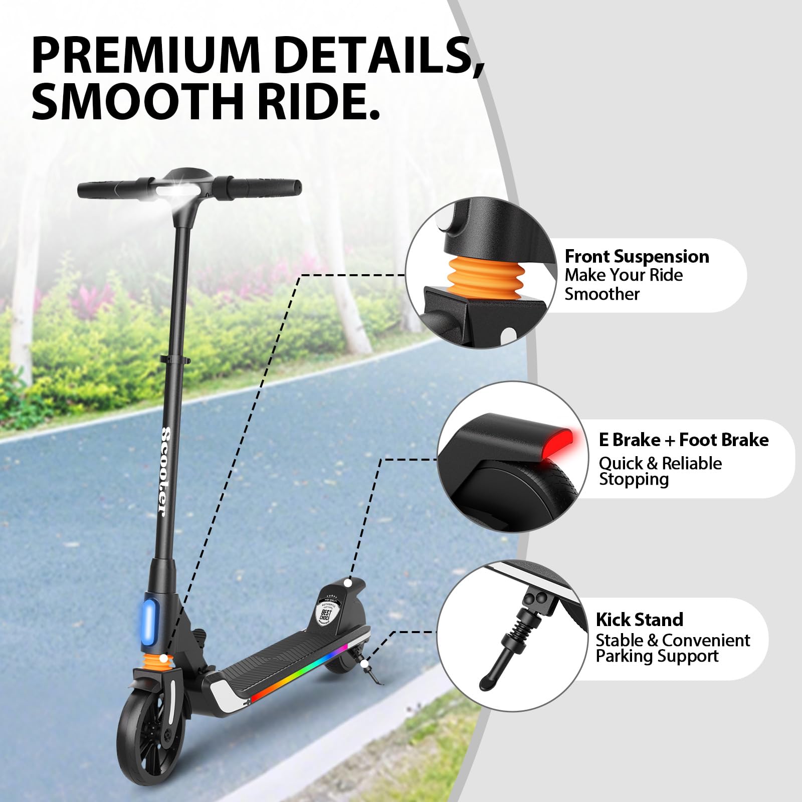 Trottinette Electrique Enfant, pour Enfants 8-16, 200W, Réglable en Hauteur, Max 20 km/h, Double Frein, Amortisseur Avant, Lumières LED Colorées, Affichage LED, Pliable et Légère.