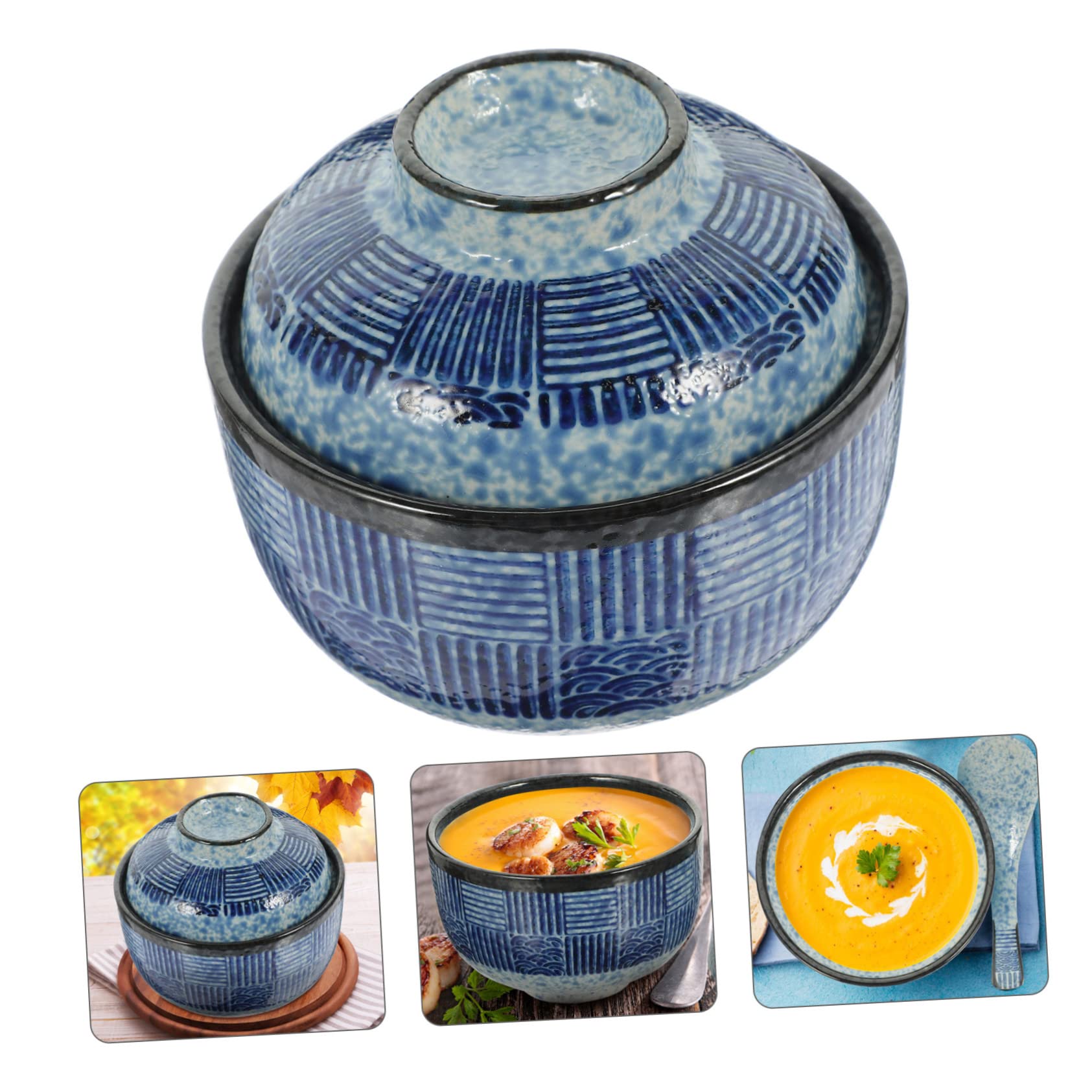 Homoyoyo Bol Cubique Japonerie en Céramique avec Couvercle, Bol à Soupe Pratique pour Garder la Nourriture Chaude, Surface Lisse, pour Soupe et Apéritifs, Set de 2 Pièces