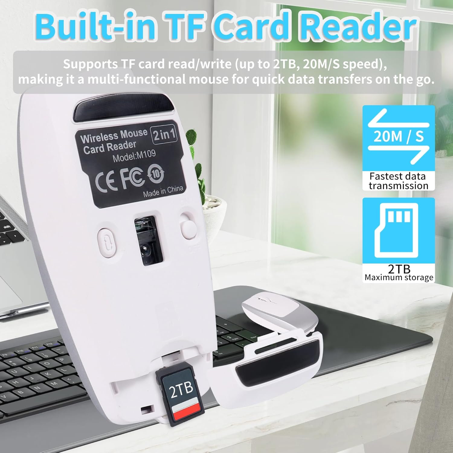 Mini Wireless Bluetooth Mouse, with Card Reader (Up to 2TB) Portable Small Silent Rechargeable Optical Travel Thin Finger Mice 3 Levels DPI for PC/Smartphone/Laptop/Tablet Student Kids Gift（Silver）