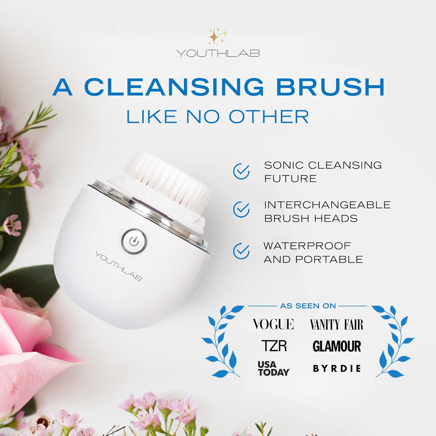 YouthLab Pure Radiance, Vibrating Facial Cleansing Brush, Electric, 3 Modes, 3 Brush Heads (2 Bristle,1 Silicone), Waterproof, Rechargeable, Smart Timer, Exfoliating, Massage (Silver) - Image 2
