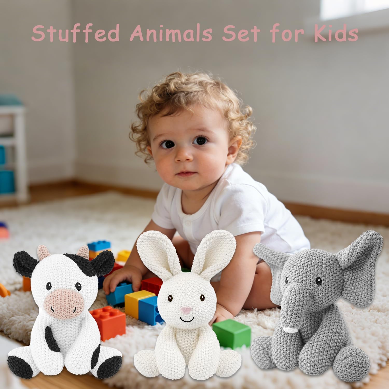 Set di 3 giocattoli di peluche per bambini, 20,3 cm, con coniglio all'uncinetto in peluche, elefante, mucca di cotone, regalo per ragazze, ragazzi e bambini, Natale