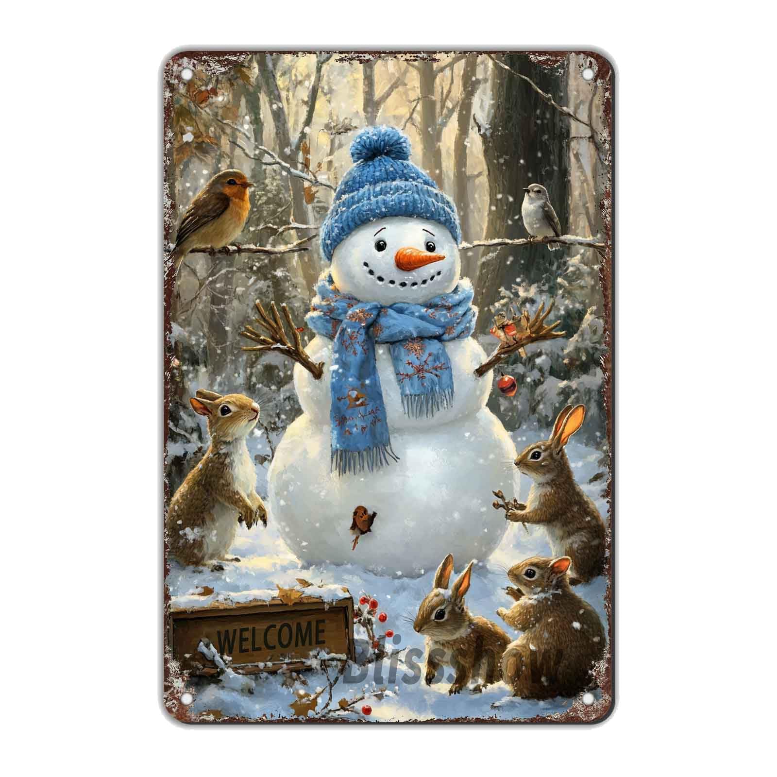 Metal Sign Welcome Snowman Rabbit And Squirrel Tin Sign Winter Christmas Metal Tin Signs for Indoor Outdoor Home Kitchen Garage Garden Yard Farmhouse Cafe 8×12 Inch Wall Decor