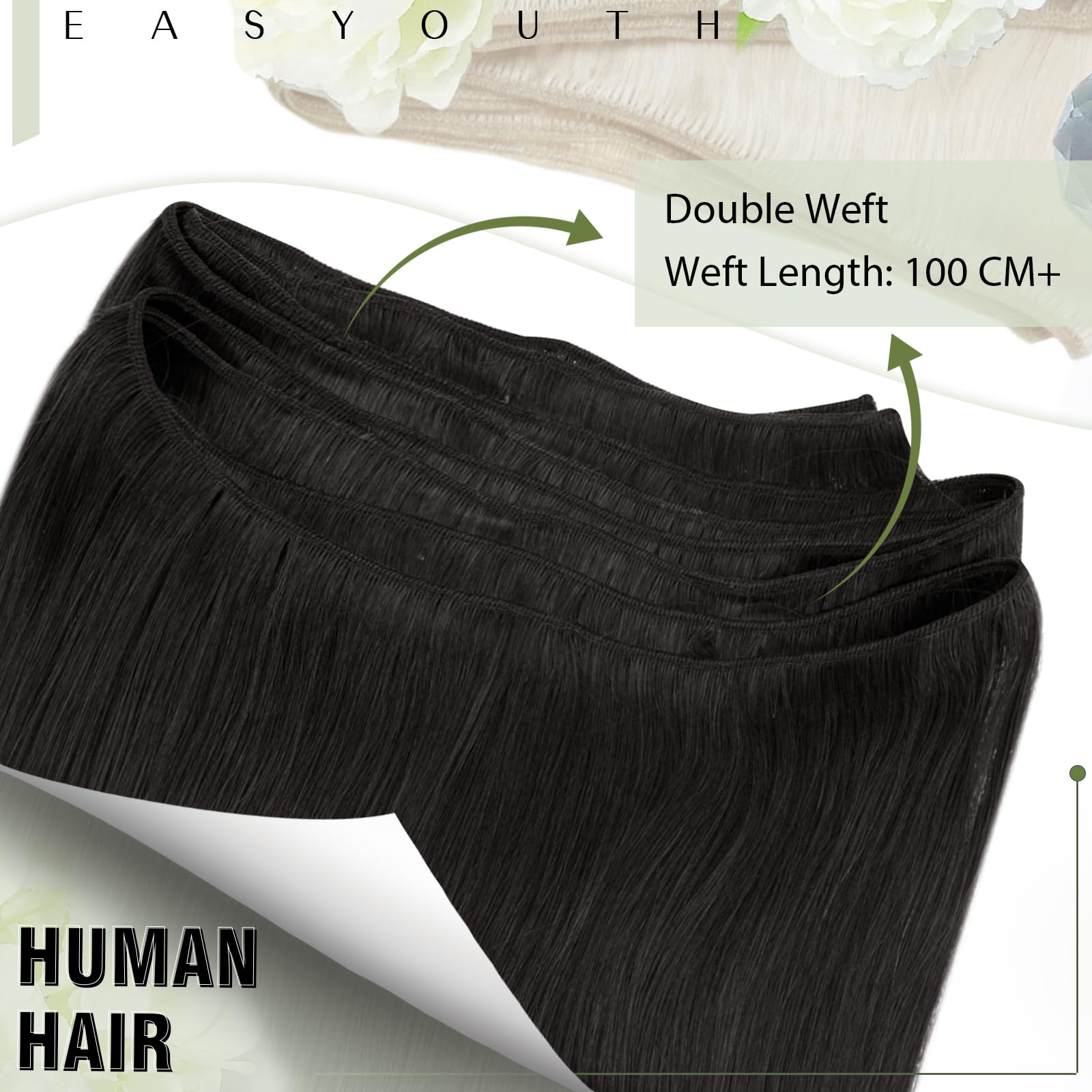 Easyouth Weft Hair Extensions Real Human Hair Black Sew in Hair Extensions Real Human Hair Jet Black Double Weft Human Hair Extensions 24 Inch 100g - Image 2
