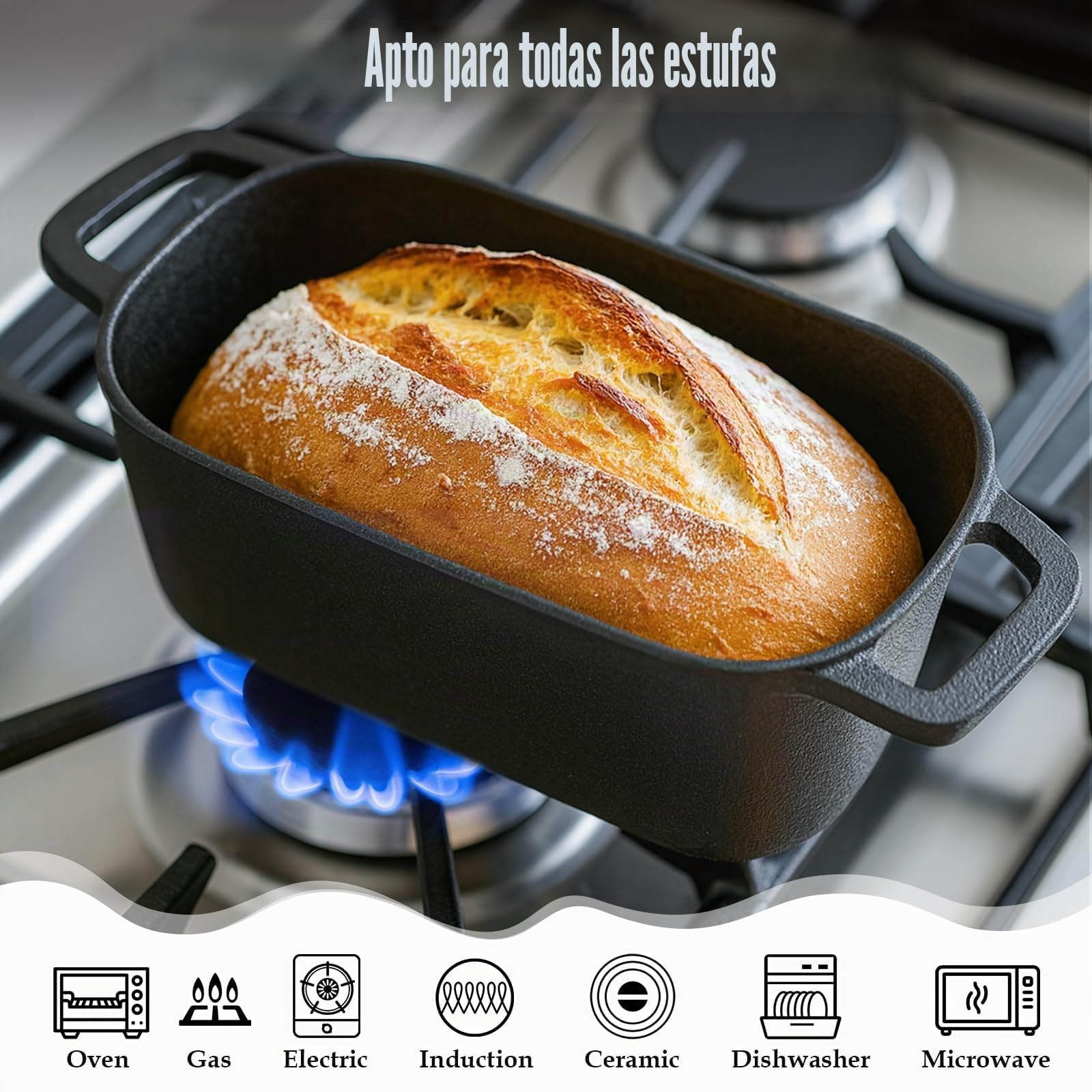 GFTIME Cacerola de hierro fundido de 35 cm para hornear pan, molde para pan con tapa, molde resistente con tapa, ideal para pan, pan de hierro fundido, molde para pan tostado