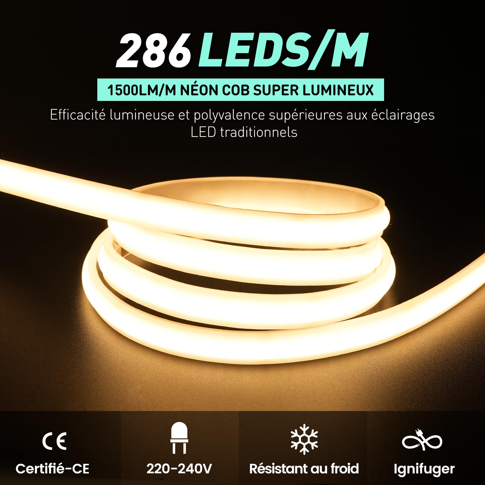 GZBtech AC 220-240V Ruban LED COB 5m, Chaud Blanc 3000K Flexible Découpable Dimmable Etanche 1500lm/m 286 LED/m Bande Lumineuse LED Lumière pour TV Rétroéclairage, Armoire, Chambre, Cuisine