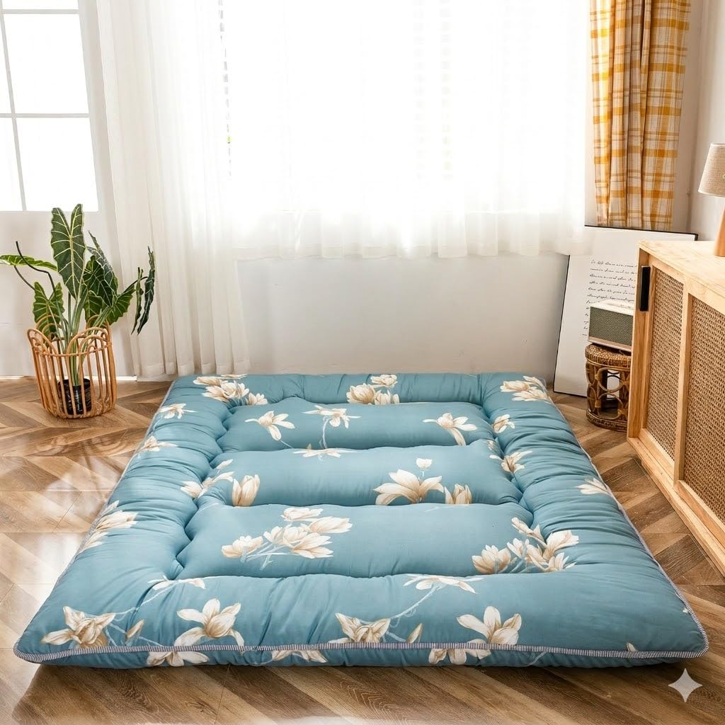 MAXYOYO Colchón japonés de suelo, colchón de futón, tapete de tatami grueso, almohadilla para dormir, plegable, enrollable, colchón para dormitorio, tumbona de suelo, almohada (flor azul, individual)
