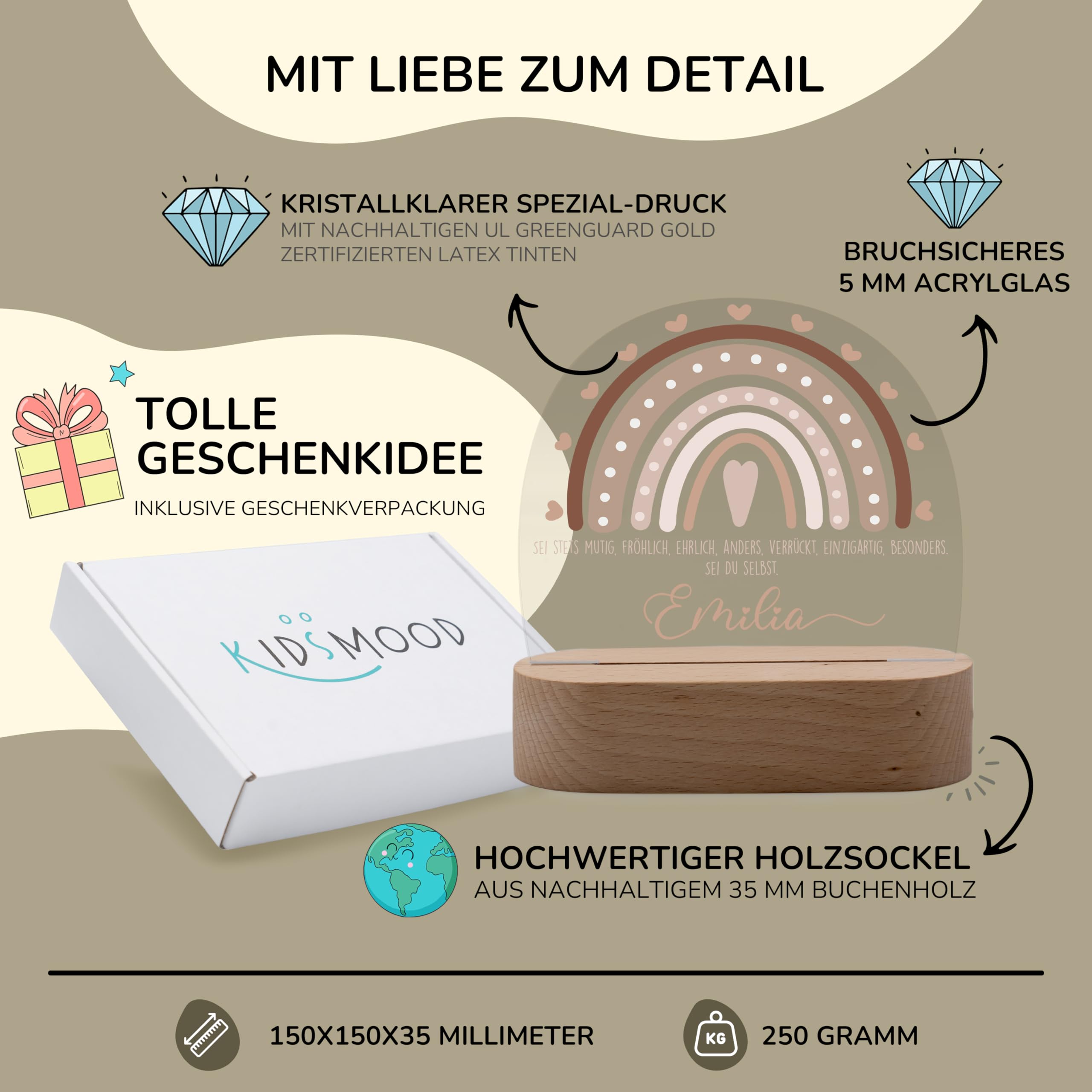 Kidsmood Personalisiertes Nachtlicht Baby mit Namen - Stilllicht Kinder LED, dimmbar, Holz - Babygeschenk Geburt, Taufgeschenk Mädchen Jungen, Kinderzimmer Lampe & Schlummerlicht [Regenbogen Beige]