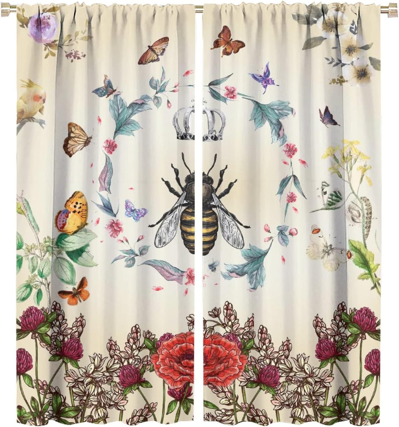 Vintage Bees Blackout Window Curtain, Garden Queen Wild Flower Nature Floral Room Darkening Rod Pocket Windows Treatments for Kitchen Dining Room Living Room 63x72in