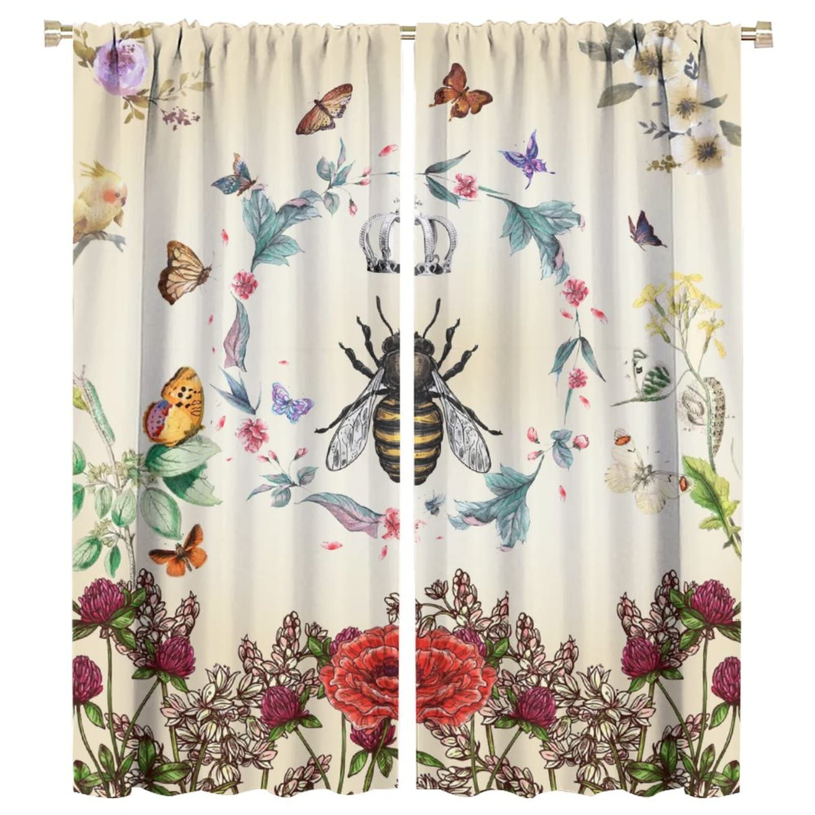 Vintage Bees Blackout Window Curtain, Garden Queen Wild Flower Nature Floral Room Darkening Rod Pocket Windows Treatments for Kitchen Dining Room