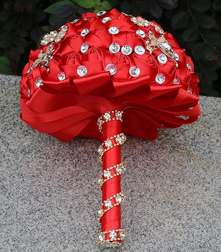 Miniatura 4 de Sharebeauty Ramo de novia de satén hecho a mano de 8.3 pulgadas, ramo de boda redondo, ramo de flores artificiales, color rojo