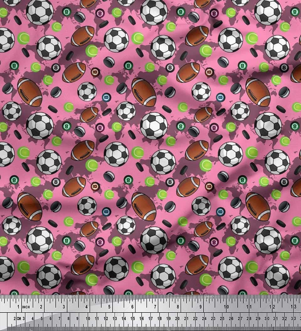 Soimoi Silk Pink Fabric - by The Yard - 42 Inch Wide - Cricket Ball, Rugby & Football Sports - Tri-Sport Extravaganza with Cricket Ball, Rugby, and Football Prints Printed Fabric