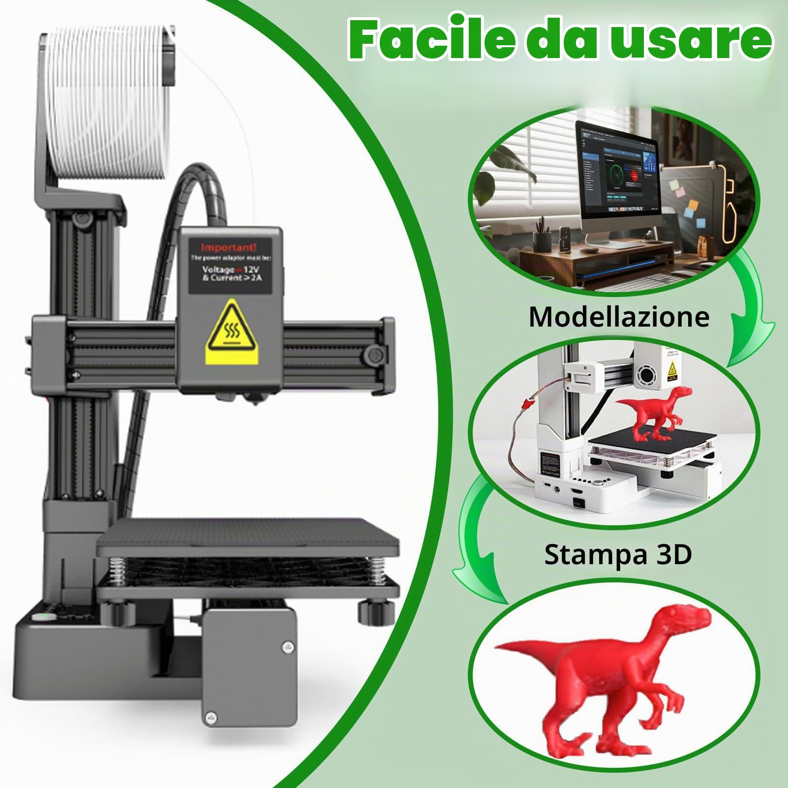 Stampante 3D FDM per Principianti, Facile da Usare E Silenziosa con Piano di Stampa Rimovibile, Dimensioni di Costruzione 100x100x100 mm per Uso Domestico, Didattico E per Bambini Black