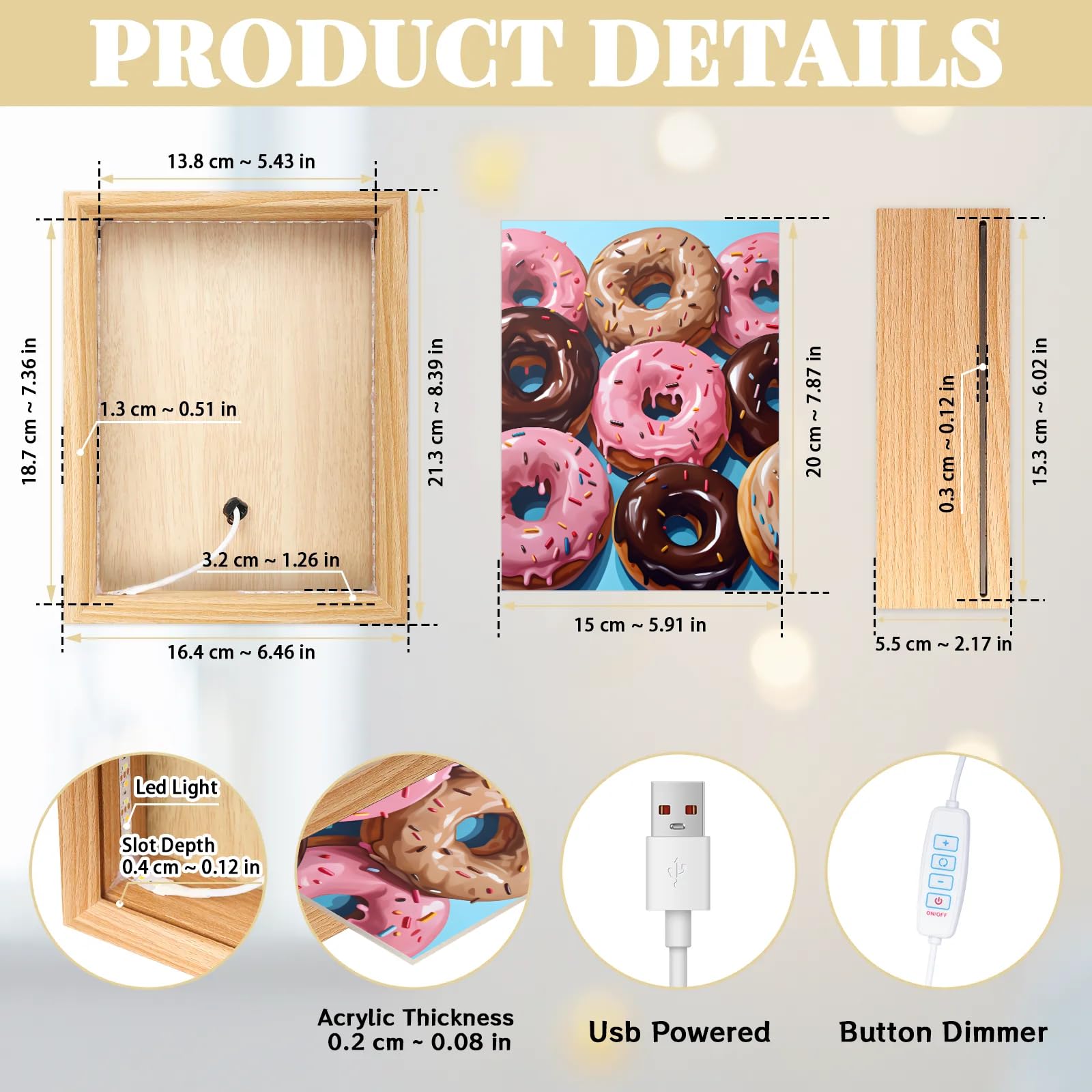 Light Up Painting, Chocolate Donut Wall Art Picture Light Watercolor Donut Light Up Art Frame, 10 Brightness USB Powered 3 Lighting Modes, Anxiety Relief Gift for Bedroom Home-Without Acrylic Panel