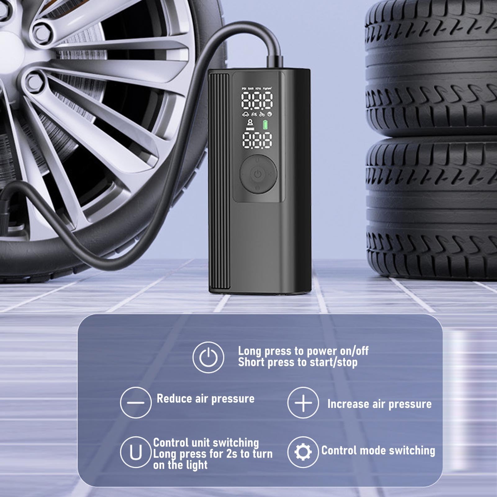 Gonfleur de pneus sans fil, lumière LED, arrêt automatique, pompe de compresseur d'air Portable pour voiture et moto