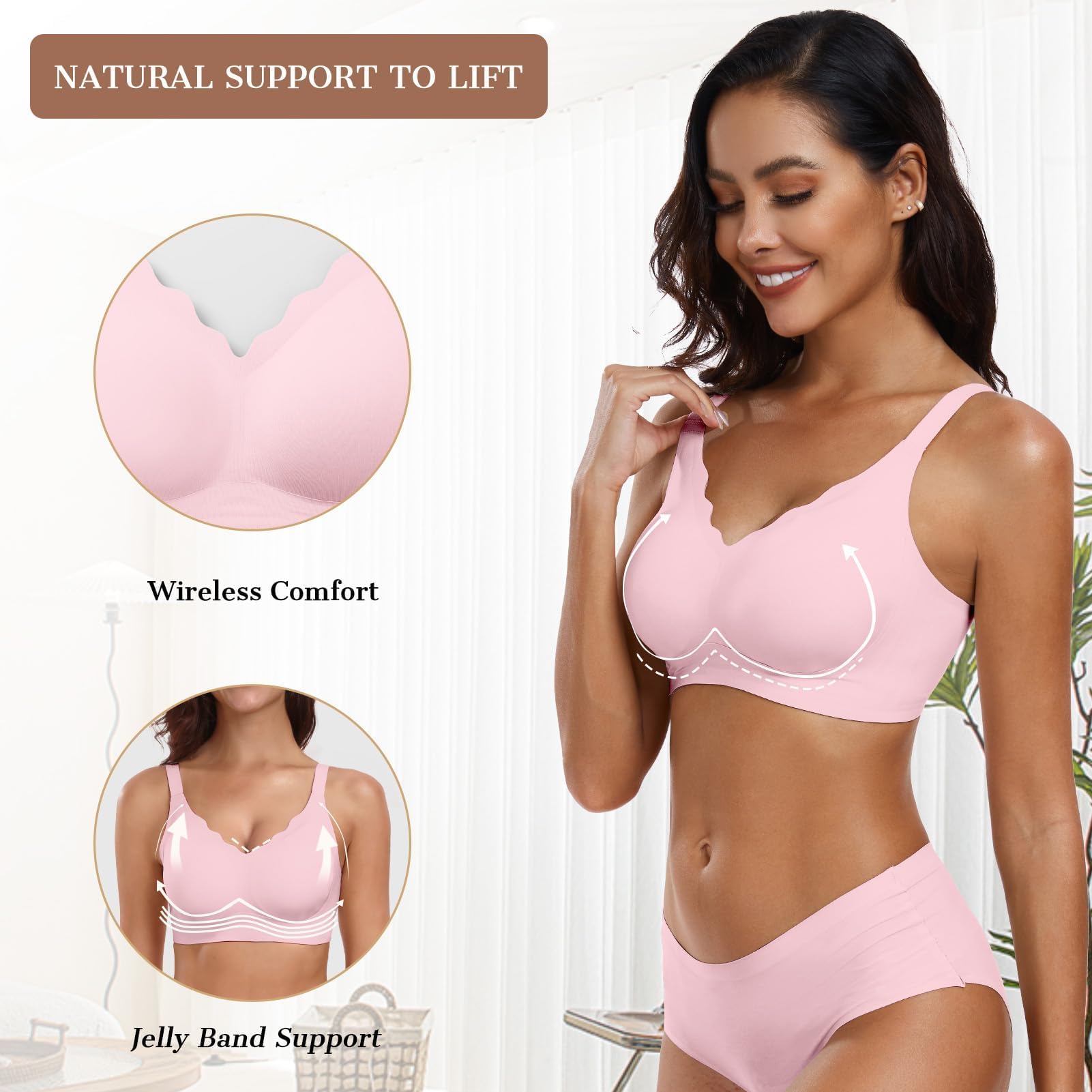 OEAK Drahtlose Damen-BHs, Push-Up-Unterstützung, volle Abdeckung, ohne Bügel, bequem, nahtlos, T-Shirt-BHs, Pink, small