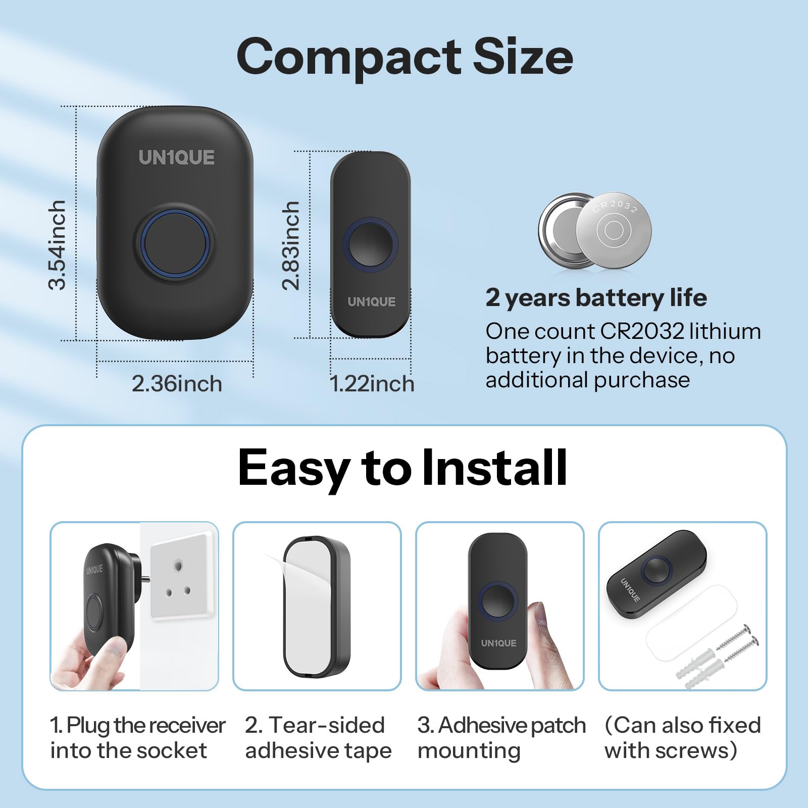 UN1QUE Wireless Door Bell for Home - Small Calling Bell for Office, 1000ft Long Range with 32 Chimes, 100dB Louder Volume, 4 Level Volume, LED Light (U600) (Black 1 Receiver +1 Portable Push Button) 3