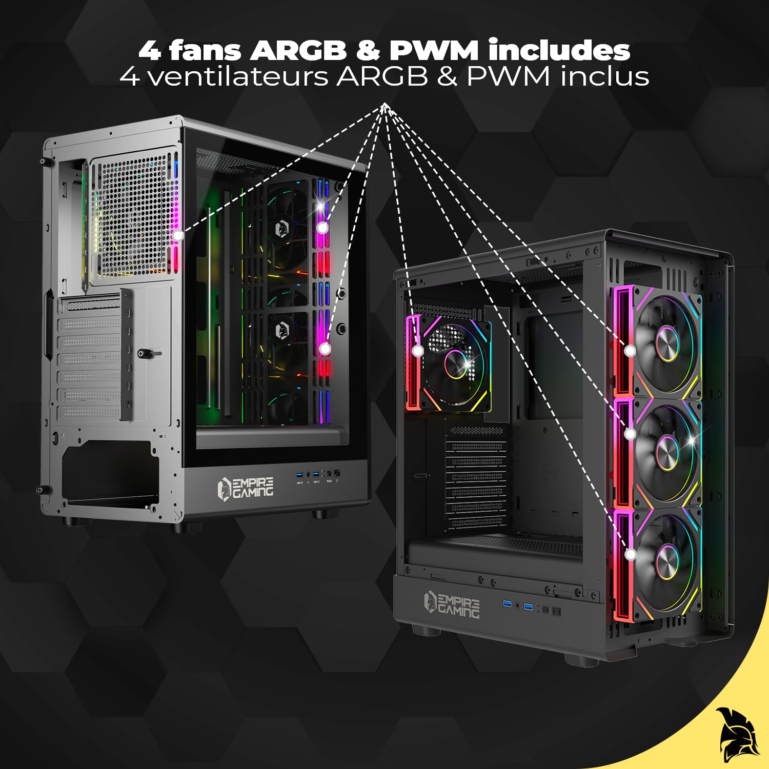 EMPIRE GAMING EC256 - Case PC Gaming Mid Tower ATX/mATX/ITX, frontale Airflow, 4 Ventole ARGB 120 mm Preinstallate + HUB PWM, Vetro Temperato, GPU 325 mm, Watercooling 240 mm, 2xUSB 3.0