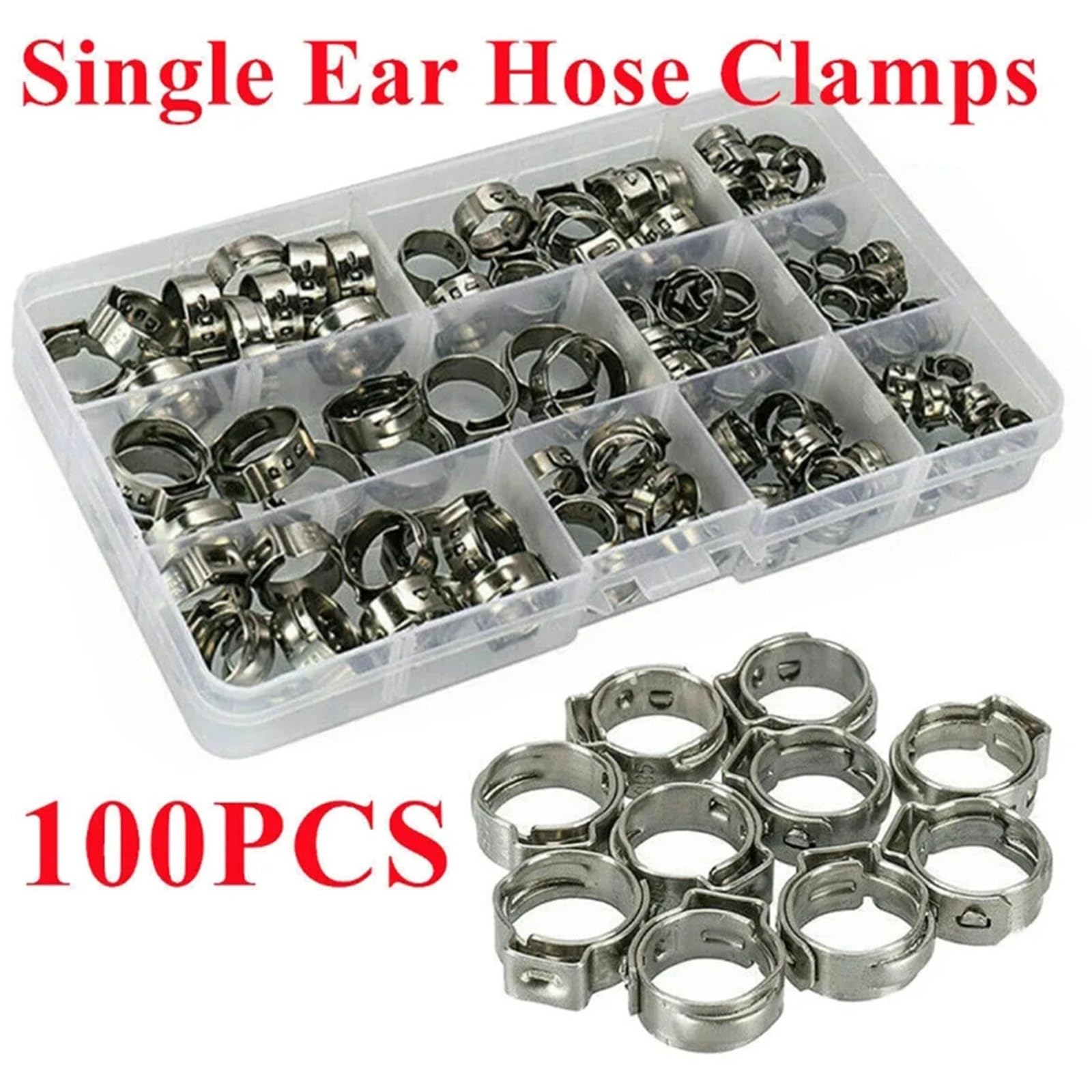 100-teiliges Edelstahl-Einohr-Schlauchschellen-Set (5,3–15,3 mm) for Haushaltsgeräte, Rohre und Kraftstoffleitungen