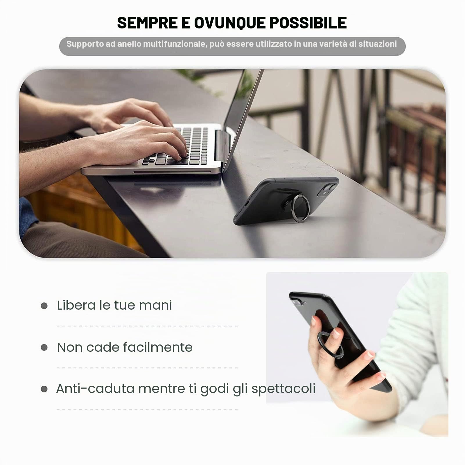 Anello Supporto Telefono, Universale Cellulare Anello Metallico Rotazione 360° Supporto per anulare Smartphone Ring Compatibile con iPhone, Samsung, HUAWEI, LG, e tutti gli smartphone (Nero)