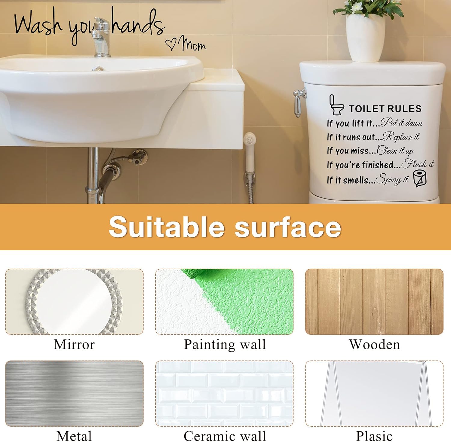 4 Pieces Bathroom Wall Decals Sticker Toilet Rules Soak Relax Enjoy Bathroom Rules Wash Your Hands Love Mom Wall Quote Saying Stickers Vinyl Art Decor for Home Restroom (Black)