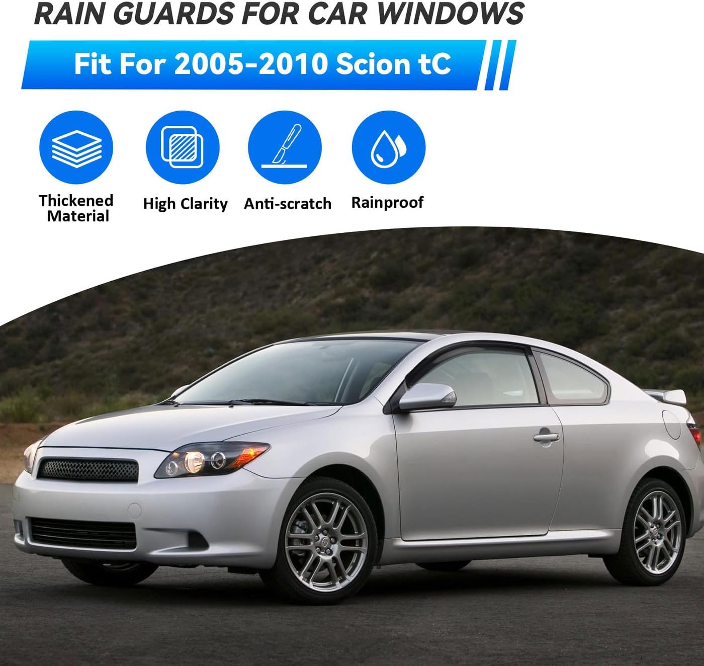 2pcs Smoke Tint Sun Rain Guard Vent Window Visors Compatible with 2005-2010 Scion tC, Outside Mount Tape On Style Acrylic Set of 2 Front