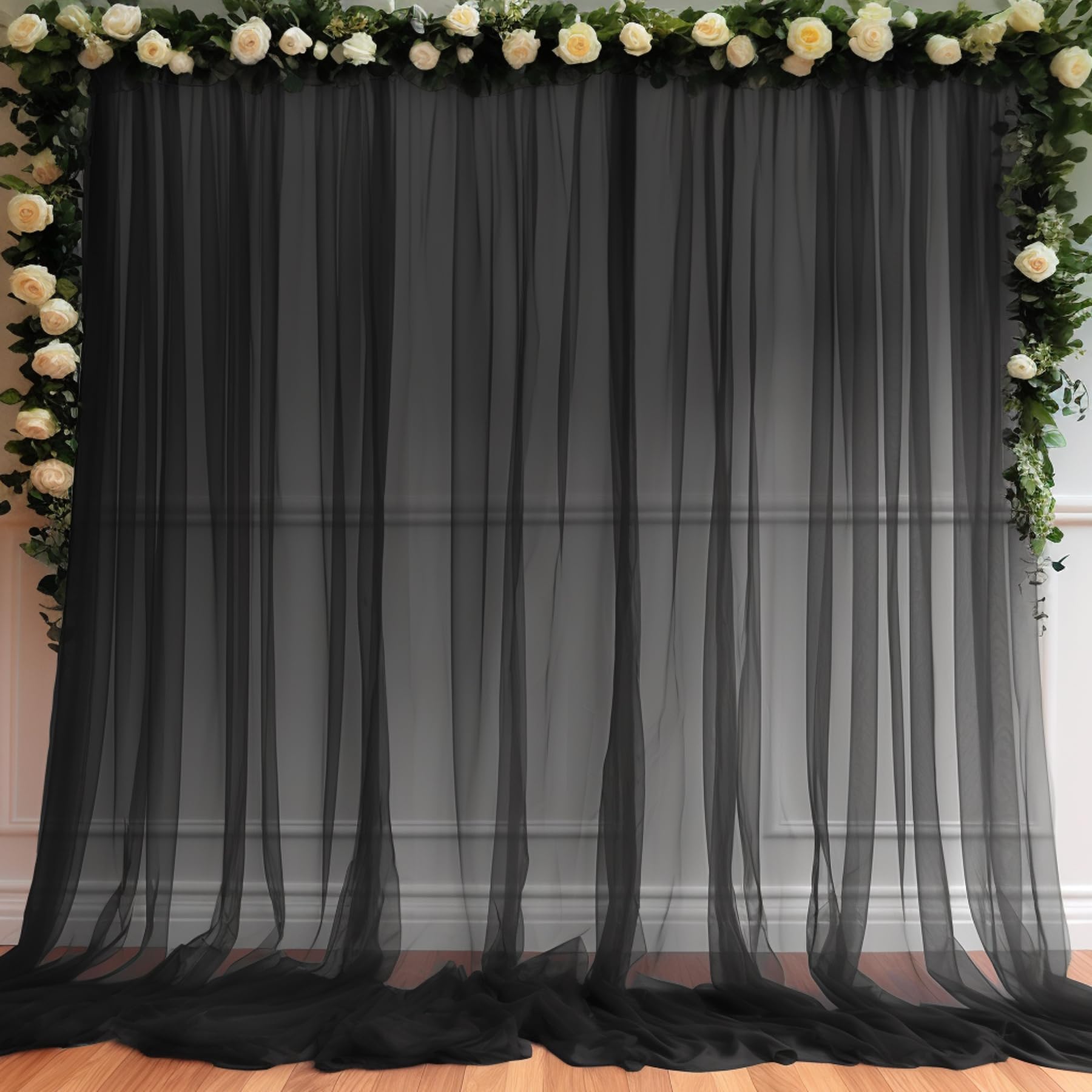 10ft X 10ft Black Sheer Backdrop Curtain for Parties, Tulle Sheer Fabric Backdrop Curtain Drapes for Baby Shower Birthday Party Photo Shoot Halloween