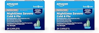 Amazon Basic Care Nighttime Severe Cold and Flu Coated Caplets, Temporarily Relieves Symptoms Like Runny Nose and Sneezing, Vapor Ice, 24 Count (Pack of 2)