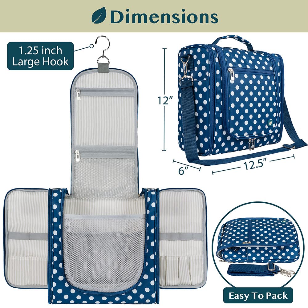 PAVILIA Large Hanging Toiletry Bag for Women Men, Travel Toiletry Bag Organizer for Toiletries, Cosmetics, Makeup Bag with Mesh, Water Resistant Pockets (Navy Polka Dot)