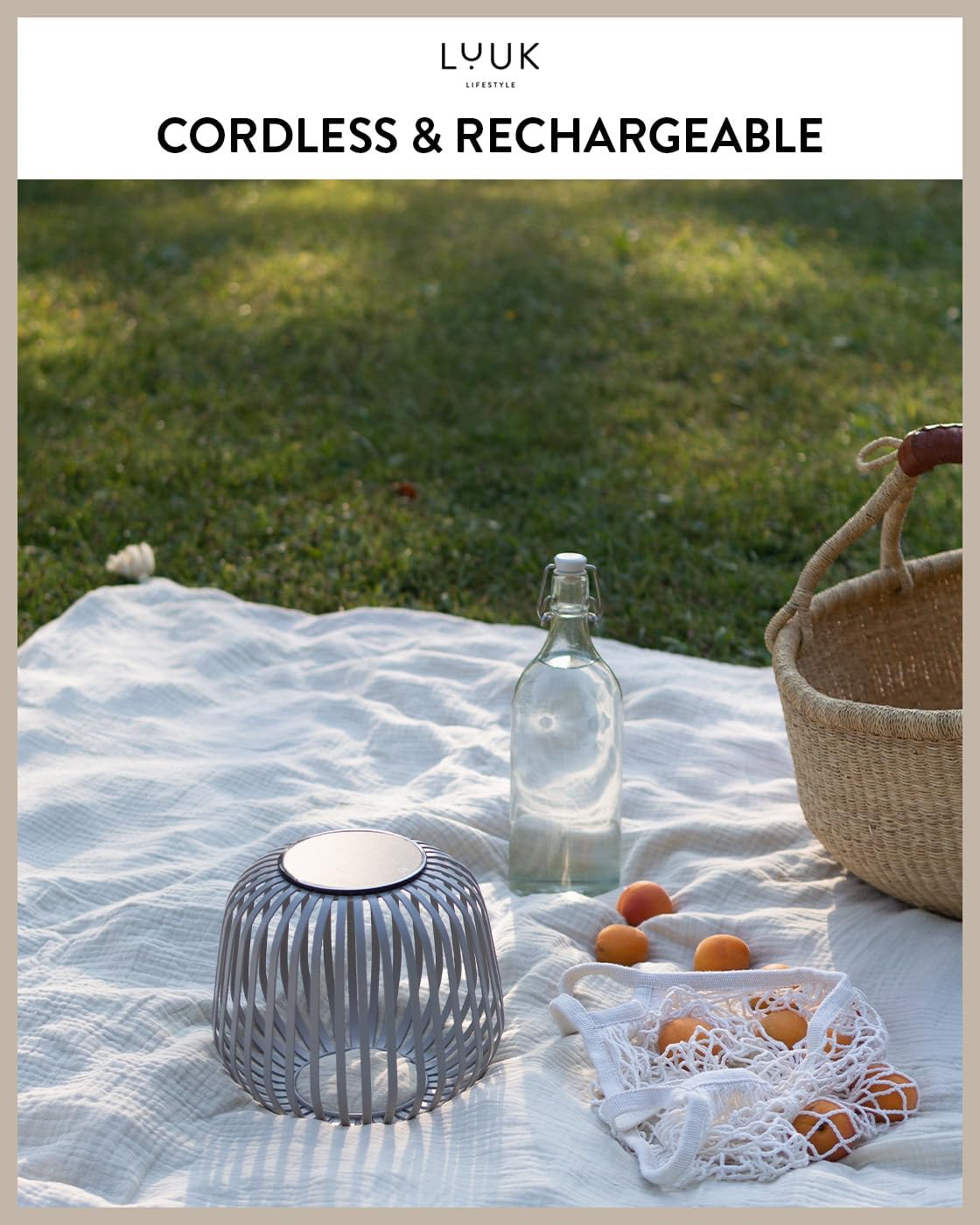 LUUK LIFESTYLE LED Table lamp with Removable Solar Panel (up to 72h Lighting) for Indoor & Outdoor use, Cordless and Portable Metal cage Design, dimmable Brightness, Decorative Boho Style, Light Grey