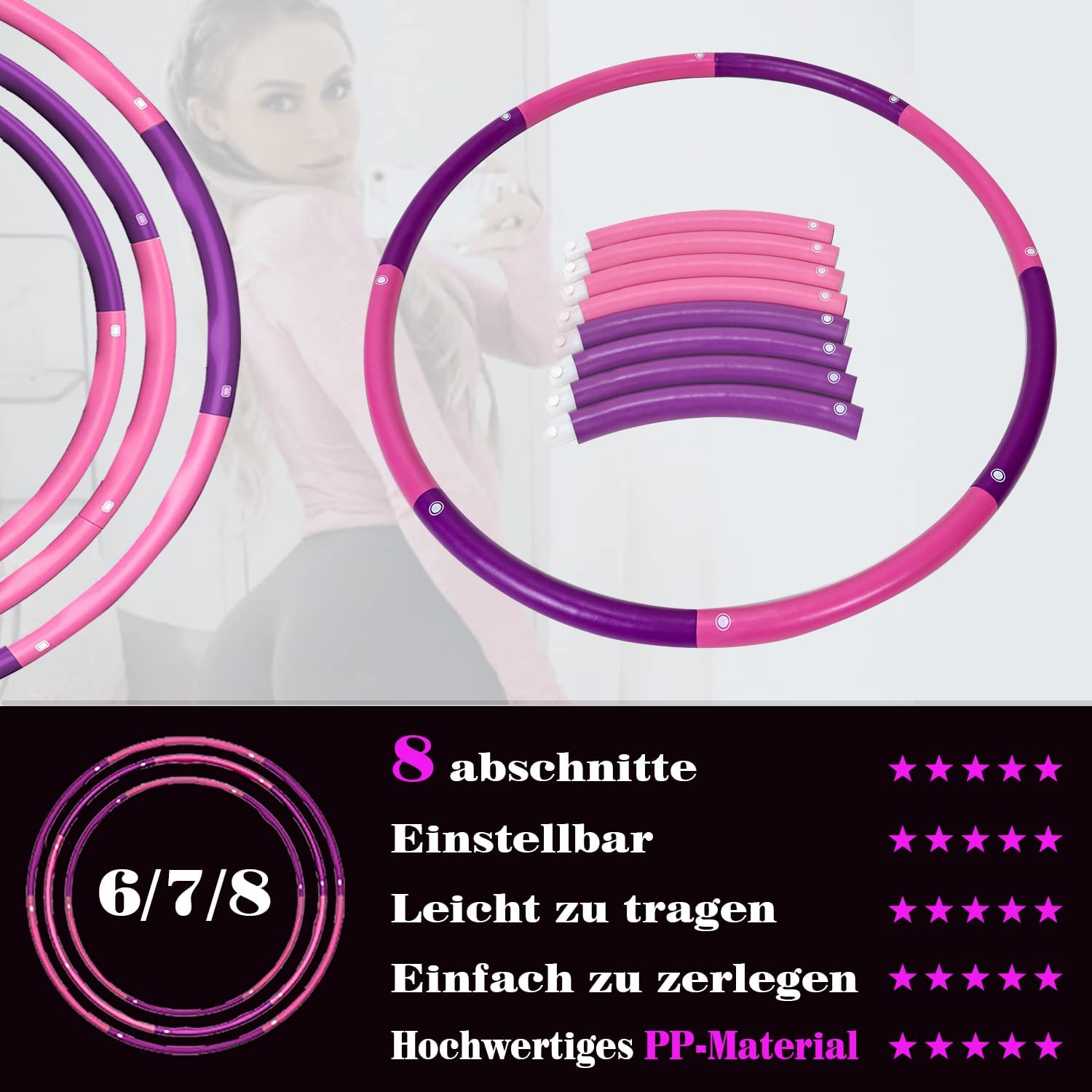 2,3kg Gewicht Hoola Hoop Fitness Hula Hoop Reifen für Erwachsene Anfänger und Fortgeschrittene 8 Teiliger und 100 cm Fitnessgerät für Zuhause Hullahub Reifen zum Abnehmen