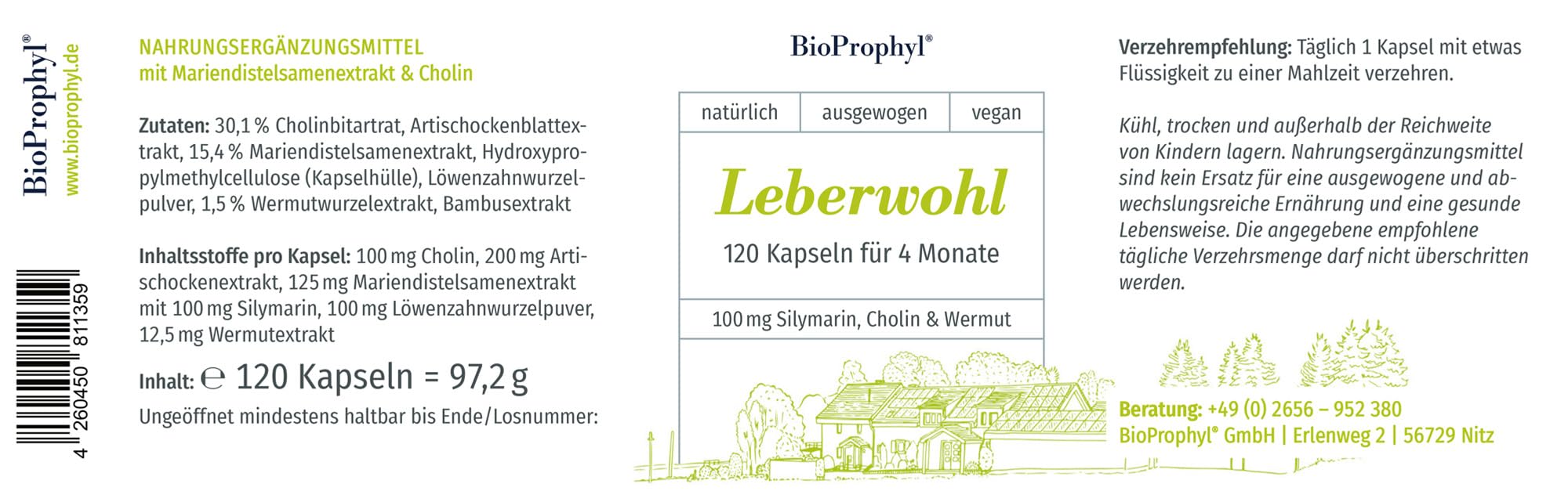 Leberwohl 100 mg Cholin für eine gesunde Leber mit 100 mg Silymarin aus Mariendistelsamenextrakt & bitteren Extrakten aus Wermut, Artischocke & Löwenzahnwurzel | 120 Kapseln für 4 Monate