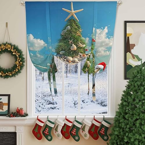 Tie Up Curtain for Windows, Christmas Tree Beach Shells Pelicans Balloon Rod Pocket Curtains Adjustable Tie-up Shade Valance for Kitchen, Blue Ocean Sky Window Treatment 1 Panel 42x45in