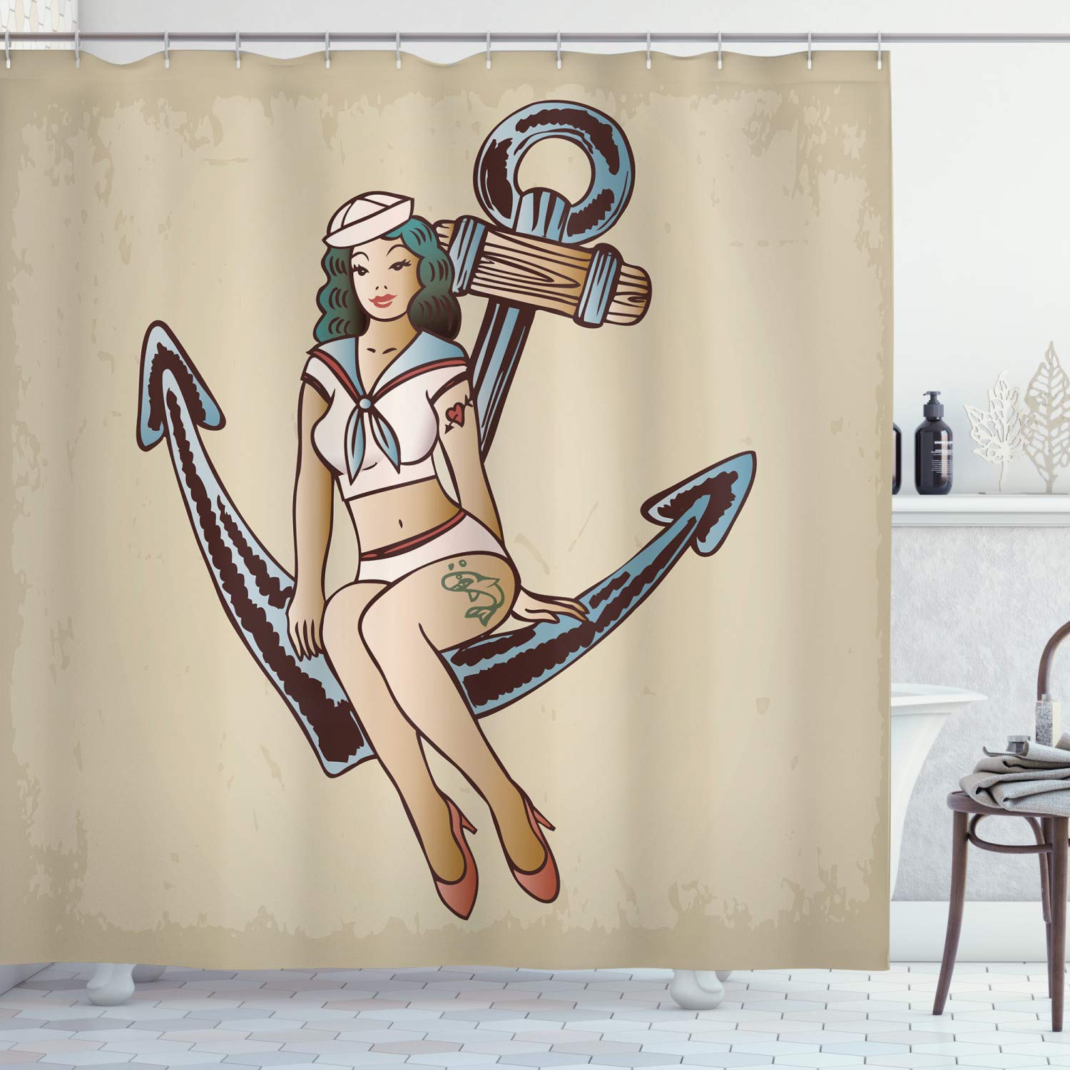 Ambesonne Anchor Shower Curtain Pinup Girl Sailor Outfit Shark Heart |  Desertcart Seychelles, image size:1500x1500