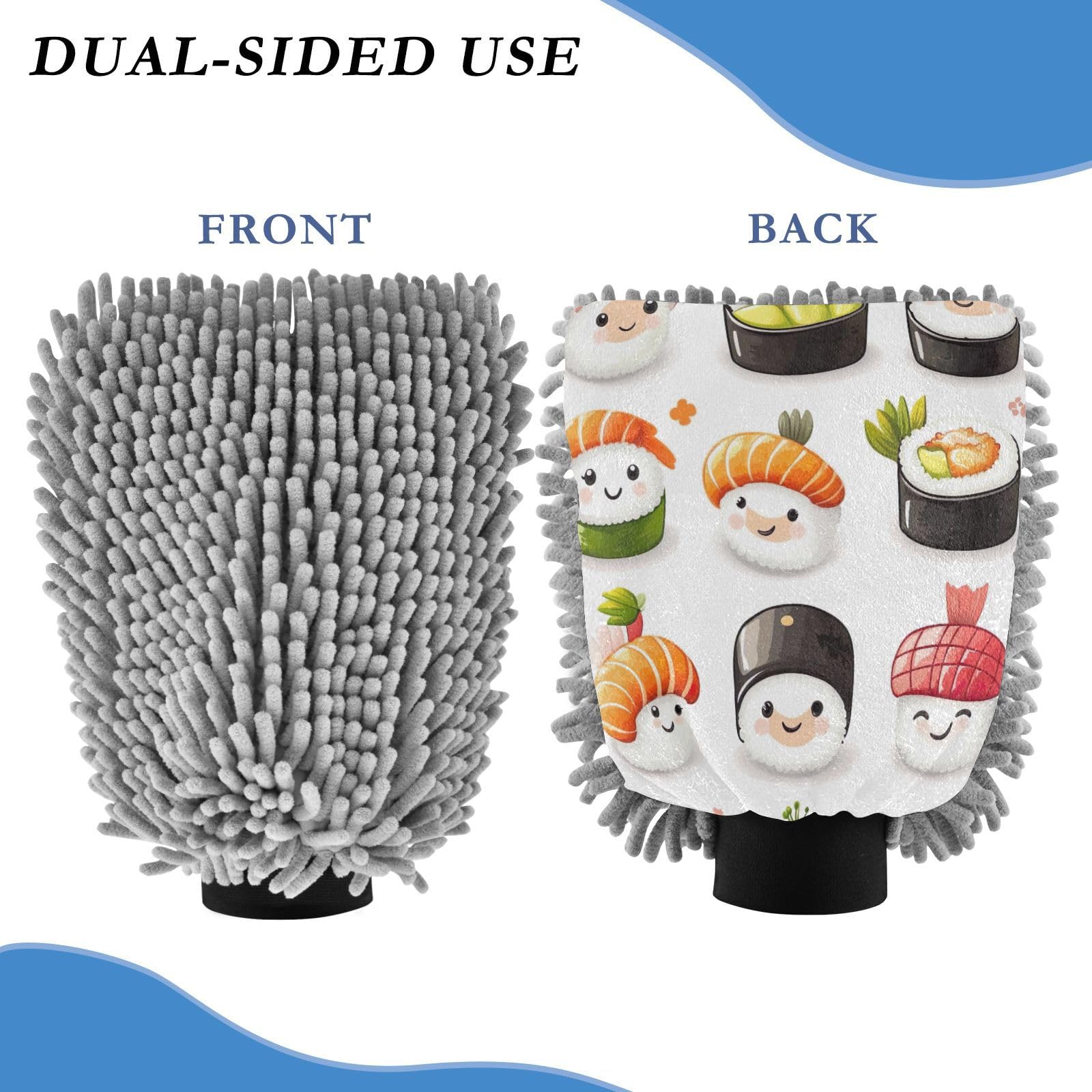 STAYTOP Cute Cartoon Sushi Car Wash Mitt Microfiber, 2Pcs Scratch Free Lint-Free, Premium Chenille Microfiber Mitt Car Wash Brush-M
