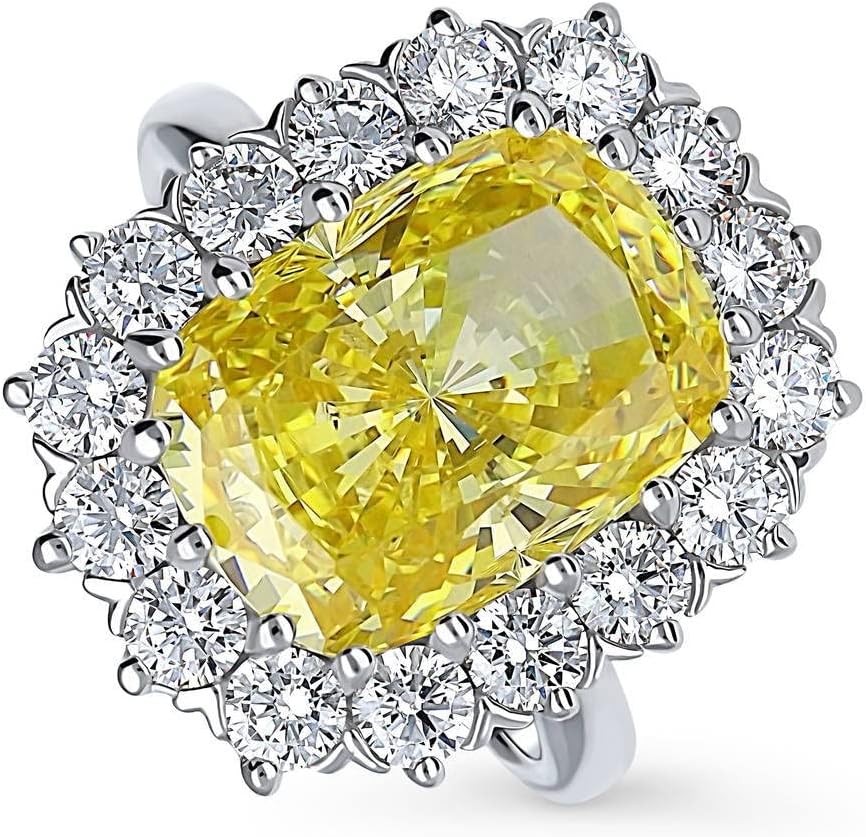 BERRICLE Sterling Silver Halo Statement Cocktail Ring for Women, Yellow Cushion Cut Cubic Zirconia CZ