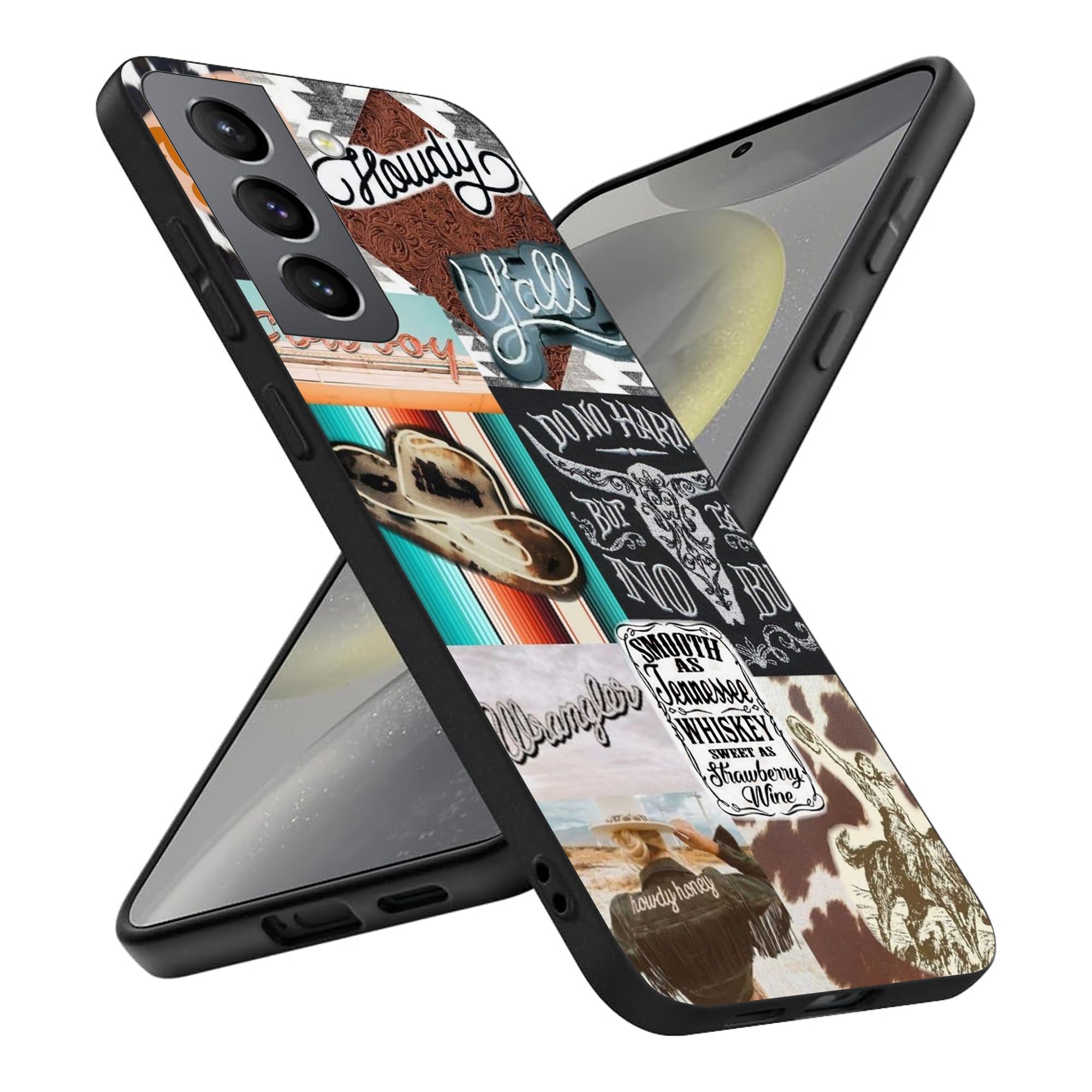 HONGZAOQIYE Fashion Case for Samsung Galaxy S24 Plus, Western Cowboy Cowgirl Collage Howdy Country Ranch Retro Vintage Shockproof Design Pattern Slim