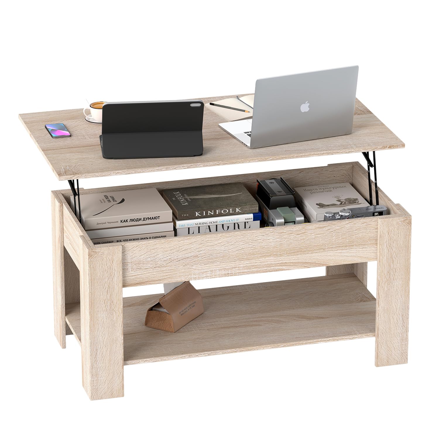 FDW Lift Top Coffee Table with Lift Tabletop Hidden Compartment and Storage Shelf Wooden Living Room Table for Home Reception Room Office,Nature