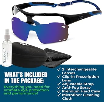 BLUE CUT Sports Safety Goggles Interchangeable Sun Lens Anti Fog UV Protection Indoor Outdoor Pickleball Cycling Basketball