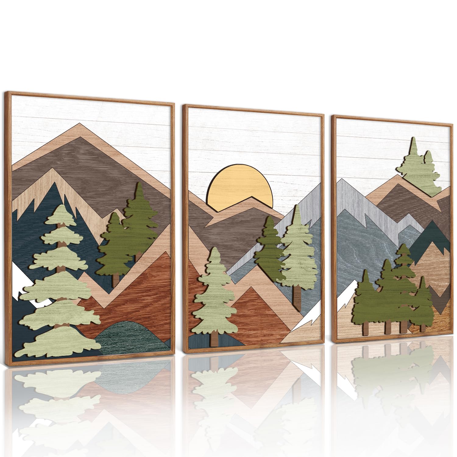 Framed Wood Panel Woodland Mountain Forest Landscape Wall Decor (16"x24"), Vintage Nature Wilderness Farmhouse Wall Art, Mid Century Modern Sunrise Wooden Cut Decor for Farmhouse Bedroom Living Room