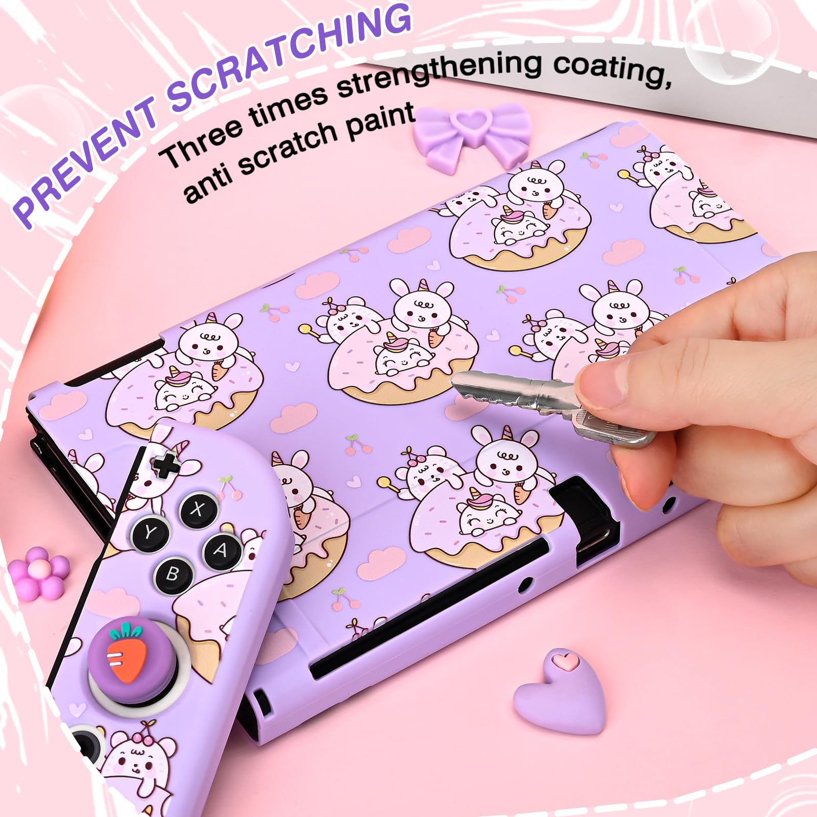 DLseego Custodia protettiva per Switch OLED, adorabile Cover Switch OLED in morbido silicone agganciabile con 2 Joycon cover e 2 Copri levette analogiche luminose,Viola