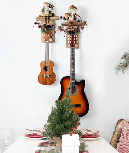 Miniatura 24 de Keebofly Soporte de pared para guitarra, paquete de 3, colgador de guitarra de madera rústica con soporte para púas para acústico, eléctrico, bajo