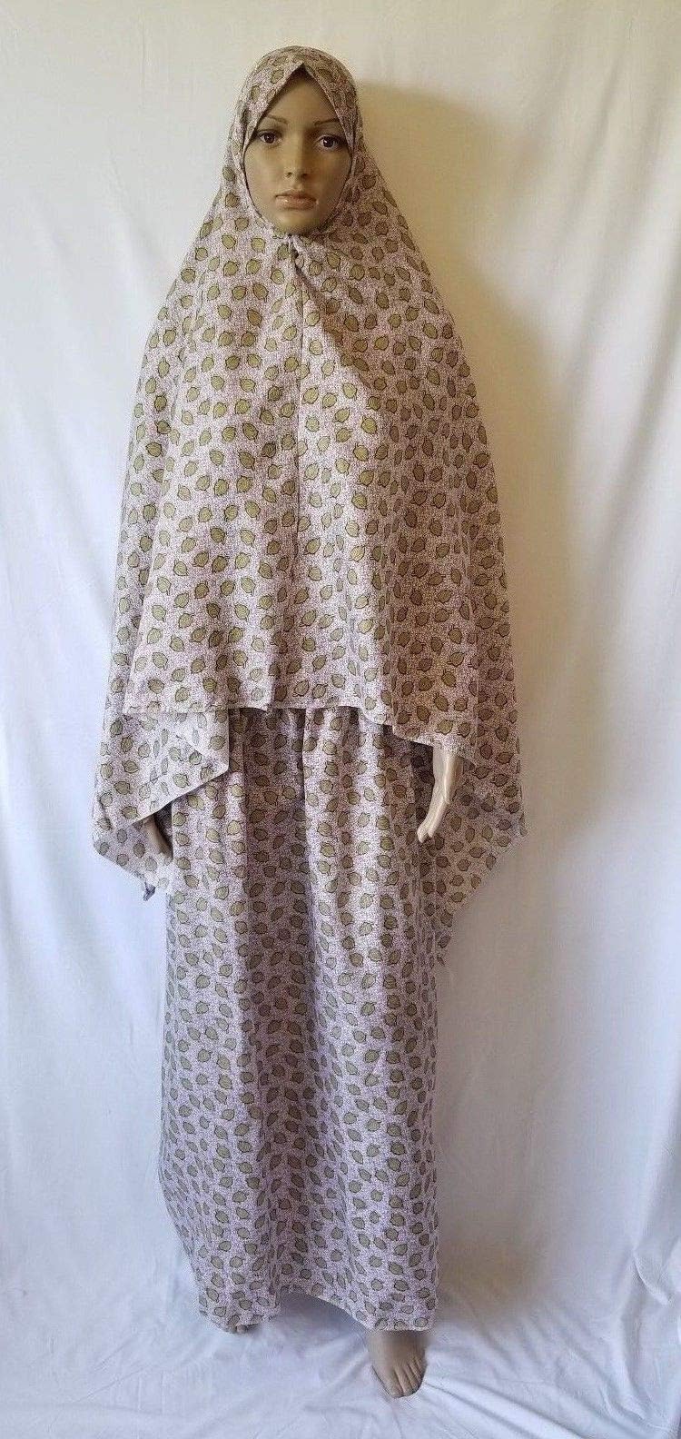 Green Brown White Two Piece Muslim Women Prayer Dress Isdal Outfit scarf Cover