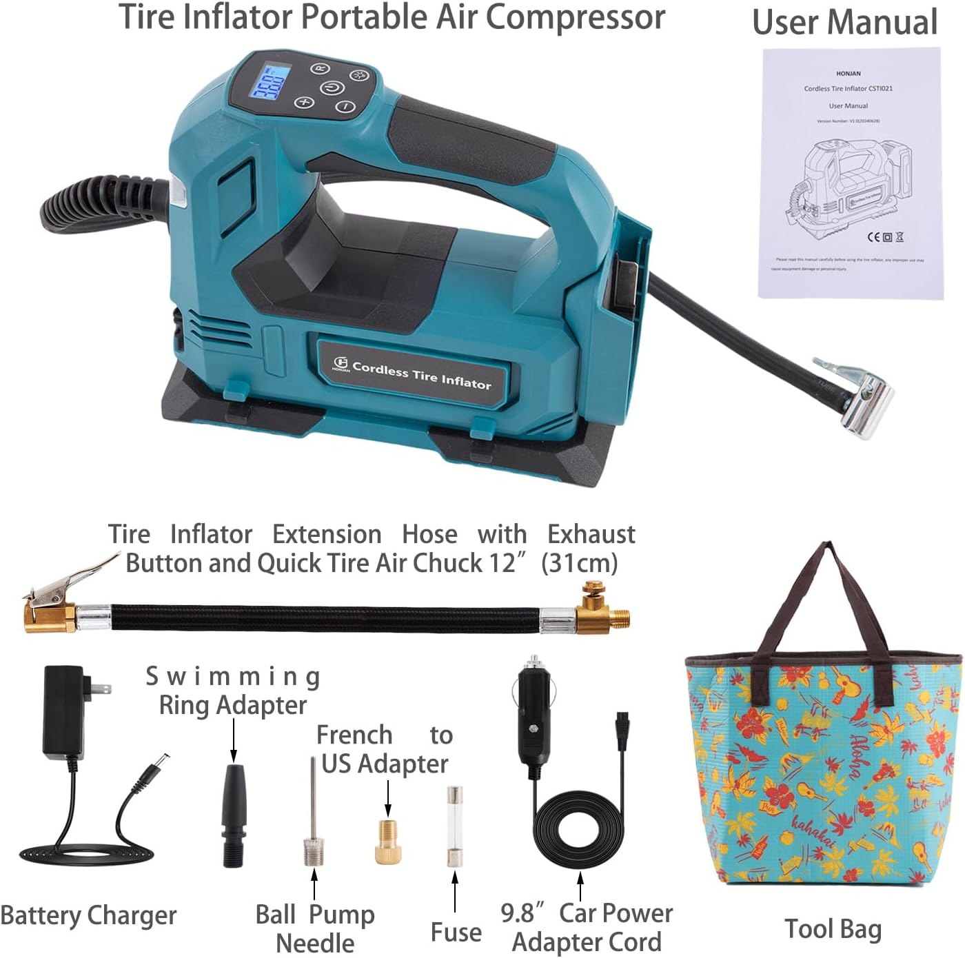 Tire Inflator Portable Air Compressor, 150 PSI with Extension Hose, Exhaust & Quick Air Chuck for Car Motorcycle Bike & Ball(Require Battery Not Include)