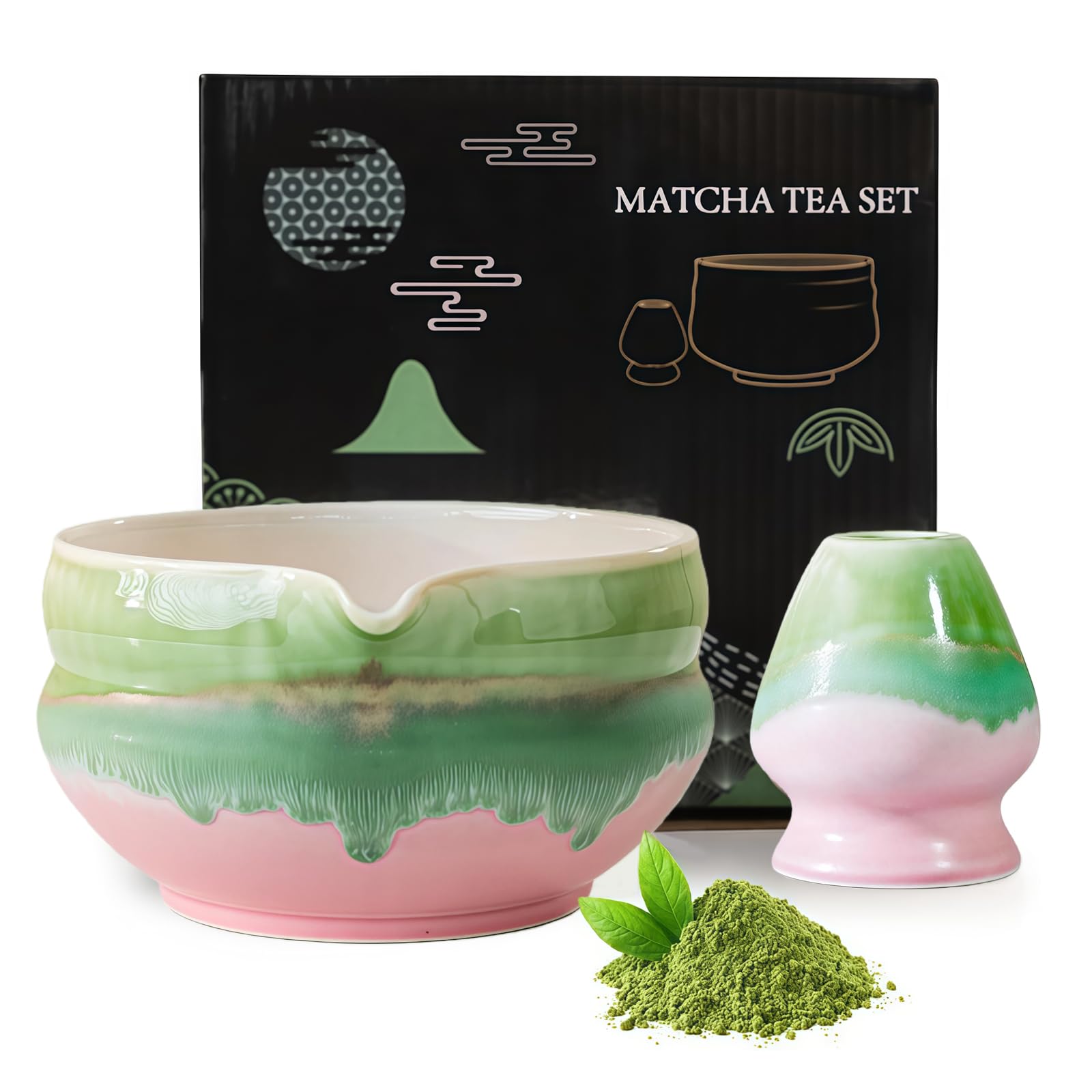 2-częściowy zestaw miseczek do matchy z dzióbkiem, różowy zestaw do herbaty matcha, z miską do matchy chawan i ceramicznym uchwytem na miotły, akwarela, glazurowana porcelana z pudełkiem