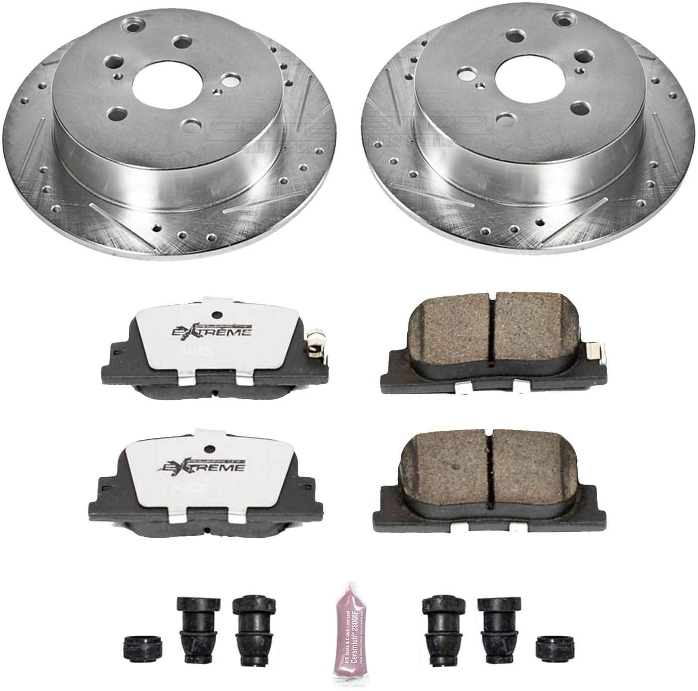 PowerStop Rear Brake Kit For Scion tC 2005-10 - Carbon Fiber Ceramic Brake Pads + Drilled & Slotted Rotors Upgrade, K2319-26
