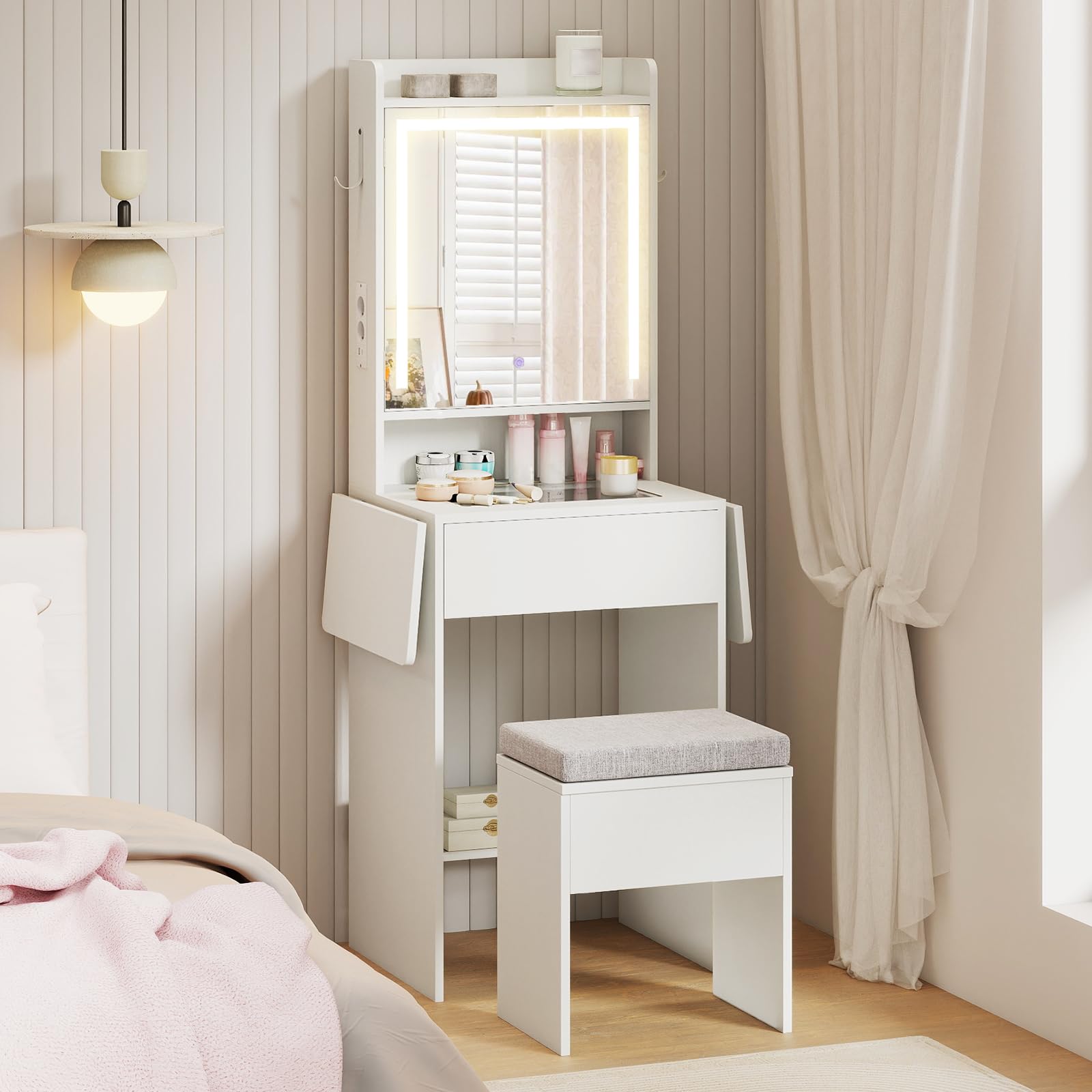 COSTWAY Toeletta Trucco con Luci LED, Tavolo da Trucco con Specchio e Stazione di Ricarica, Postazione Trucco con Cassetto, 2 Piani d'Appoggio a Ribalta, Bianco (Modello 3)