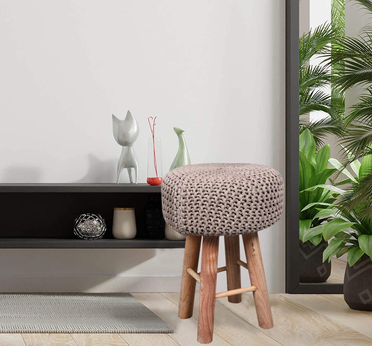 Kridhay Natura Life Knitted Ottoman Footrest Sitting Stool with Wooden