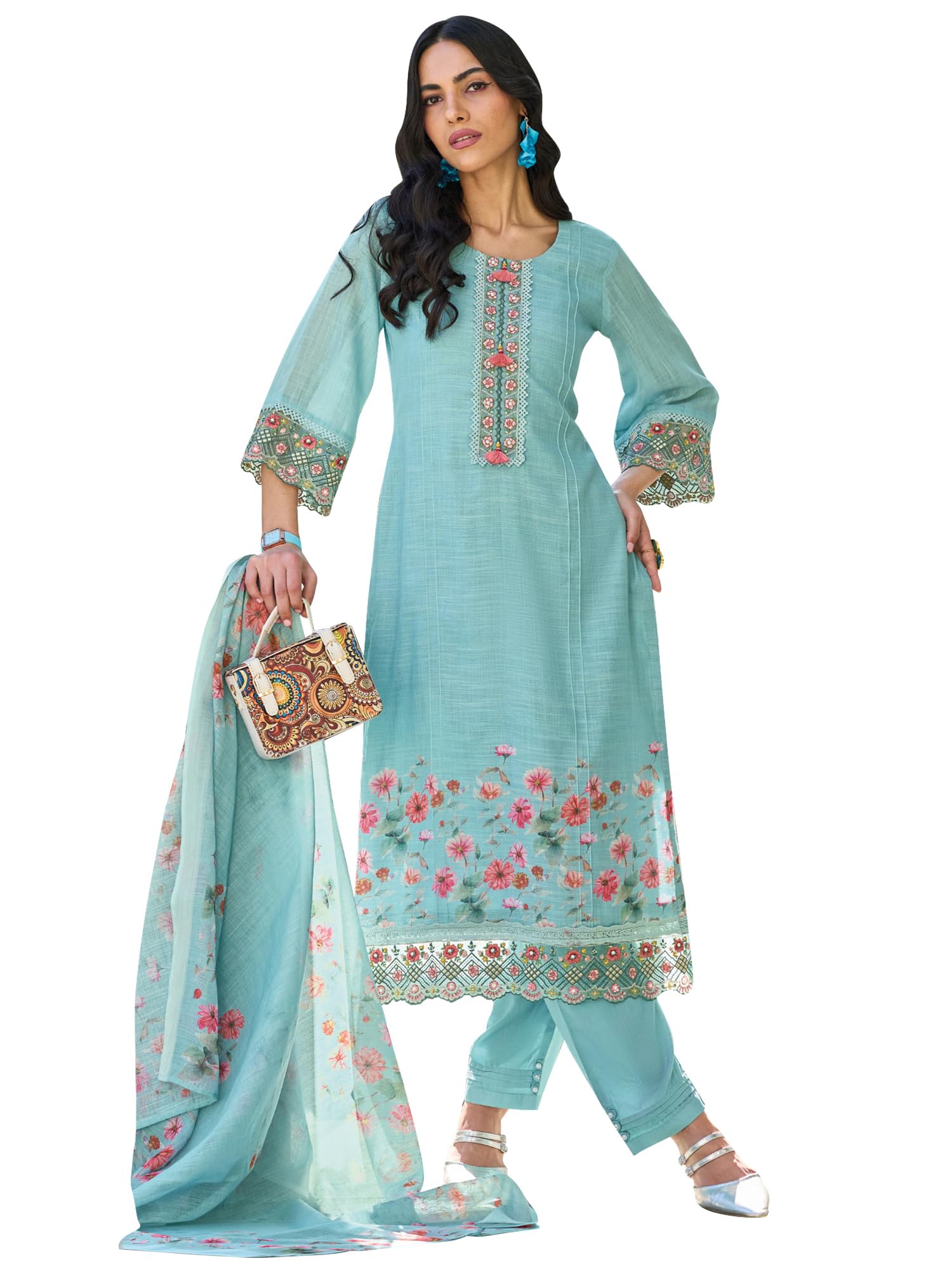 indo era Women's Straight Linen Floral Embroidered Kurta Pant with Dupatta Set (IEOUT9904)-picture-20