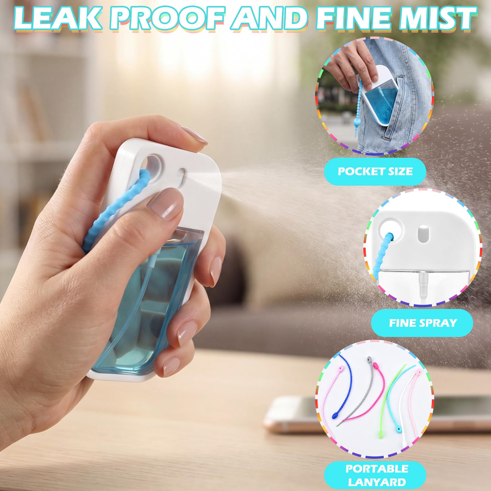 Rtteri Leere Händedesinfektionsmittel-Sprühflasche, Reisegröße, Mini-Händedesinfektionsmittel, Gummi-Umhängeband, tragbar, nachfüllbar, Parfümflasche, Trichter, Tropfer für Geldbörse, Rucksack